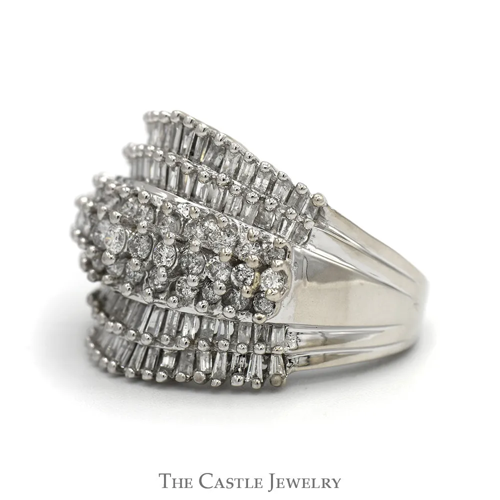 1.75cttw Baguette and Round Diamond Wide Cluster Ring in 10k White Gold