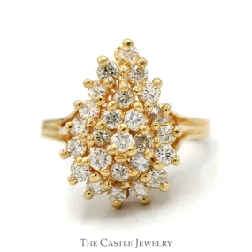 .96cttw Pear Shaped Round Diamond Cluster Ring in 14k Yellow Gold Split Shank Setting