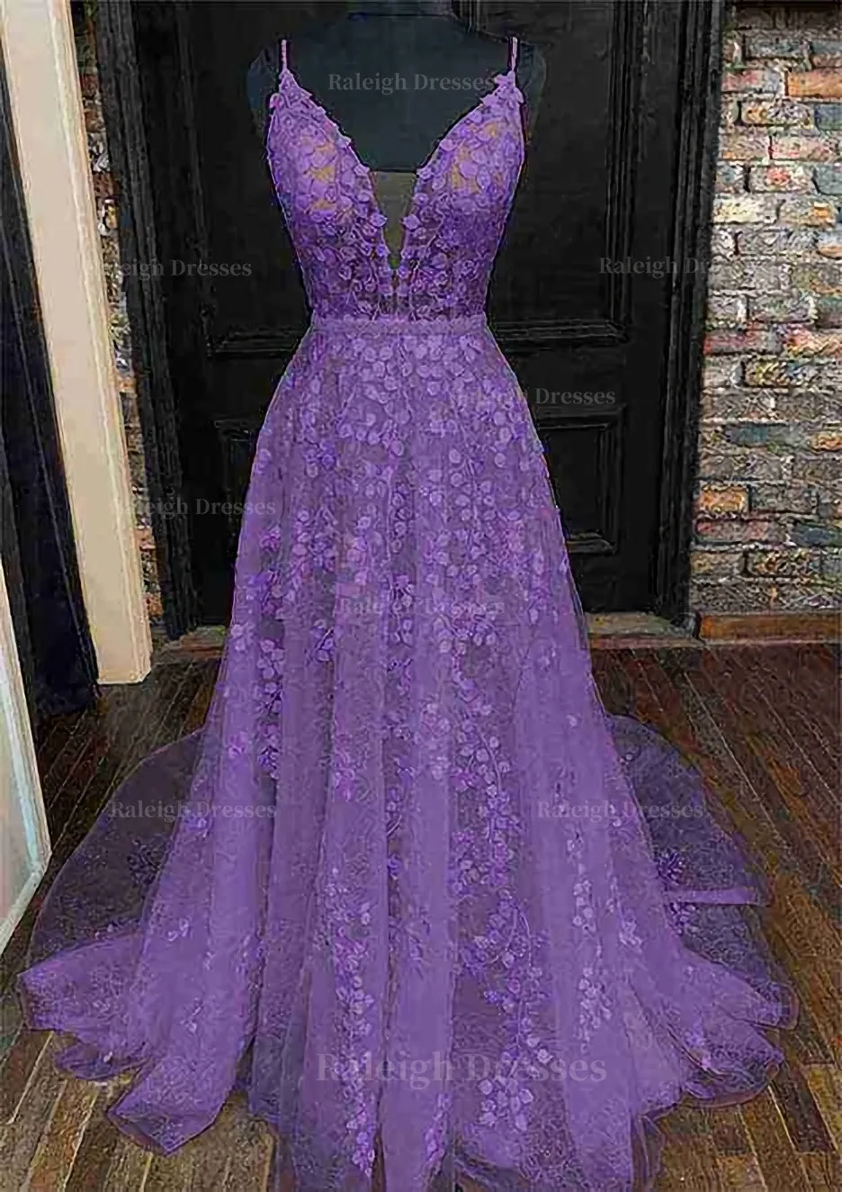 A-line V Neck Sleeveless Lace Court Train Prom Dress With Pleated