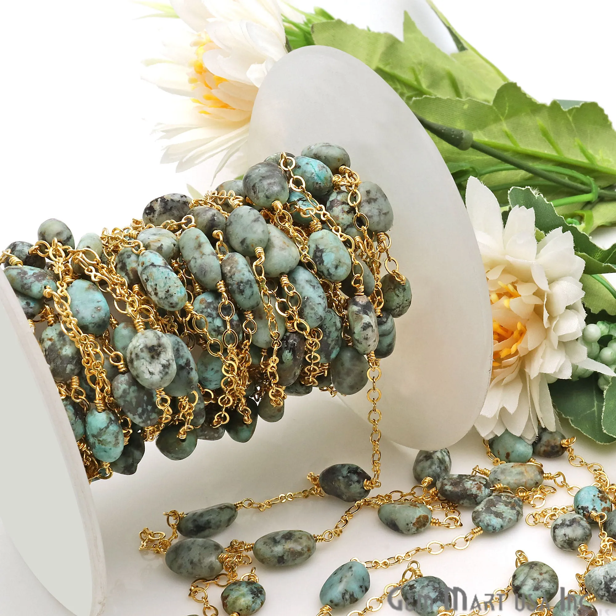 African Turquoise Tumble Beads Gold Plated Rosary Chain