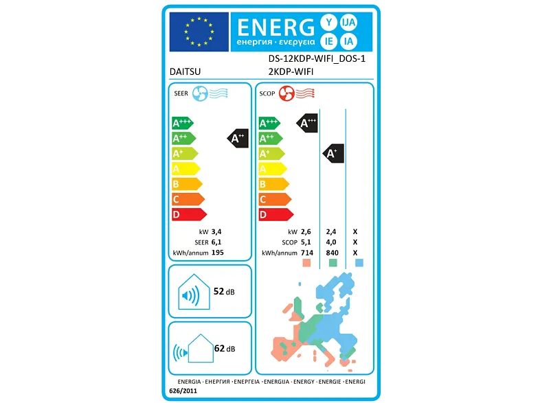 Aire acondicionado - Daitsu DS-12KDP, 3241 frig/h, Función Inverter, Blanco