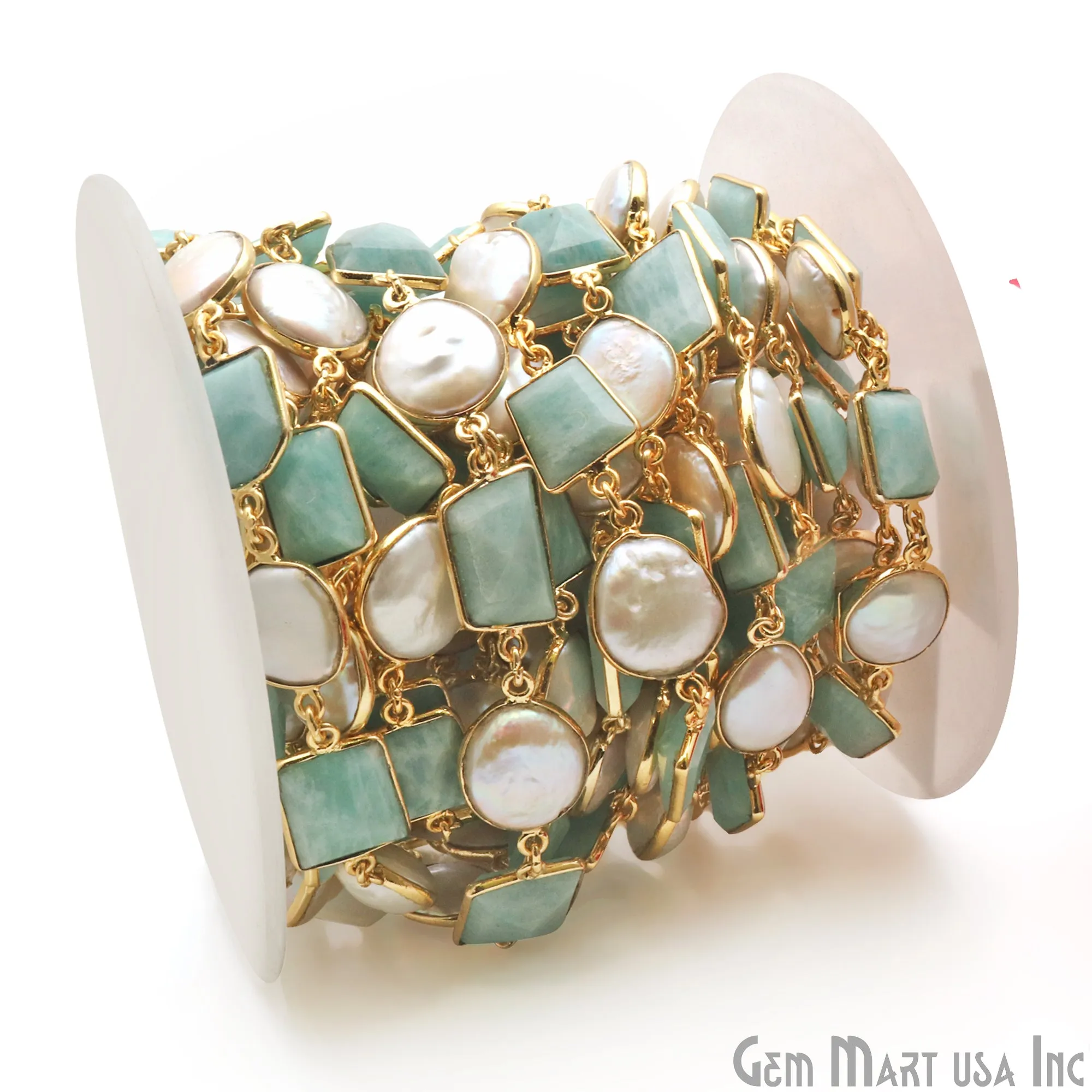 Amazonite And Pearl Bezel Gold Plated 10-15mm Continuous Connector Chain