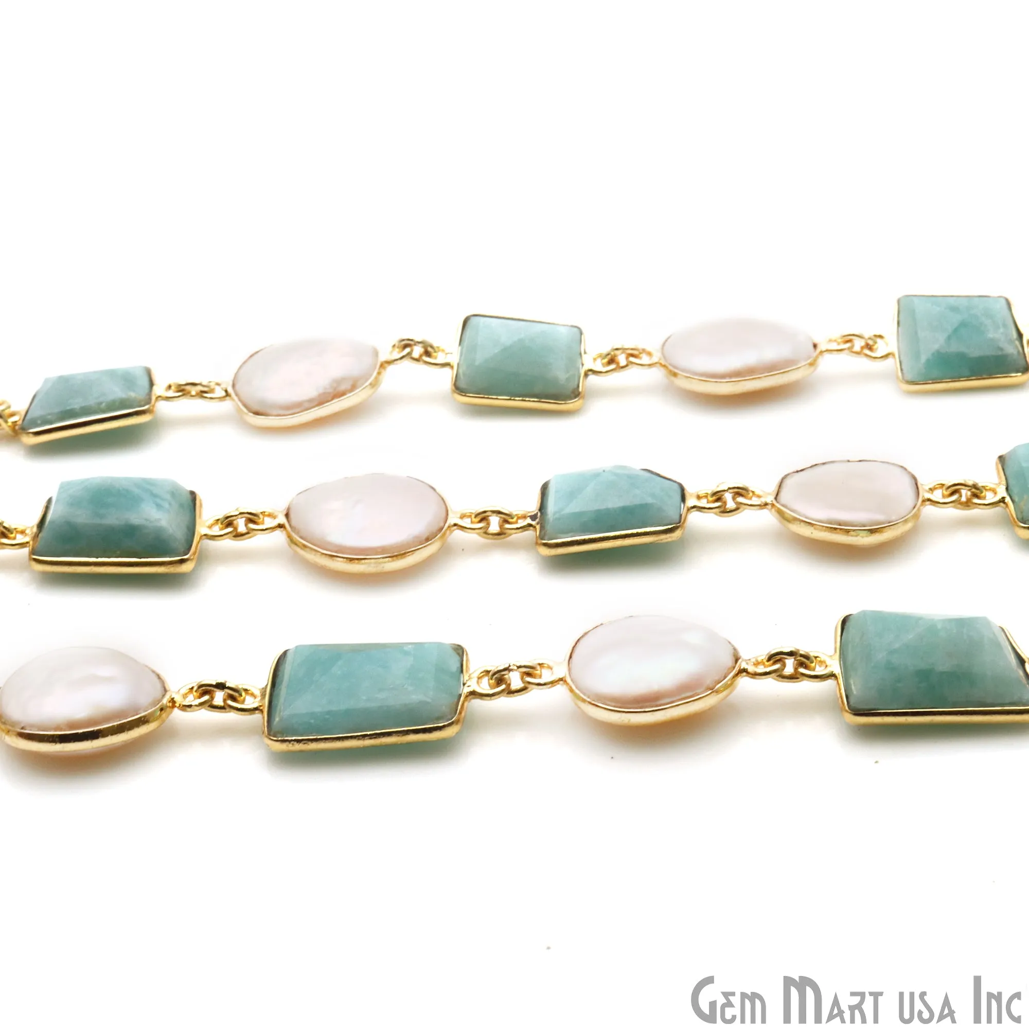 Amazonite And Pearl Bezel Gold Plated 10-15mm Continuous Connector Chain