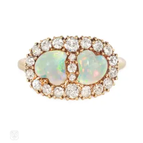 Antique opal and diamond double heart ring