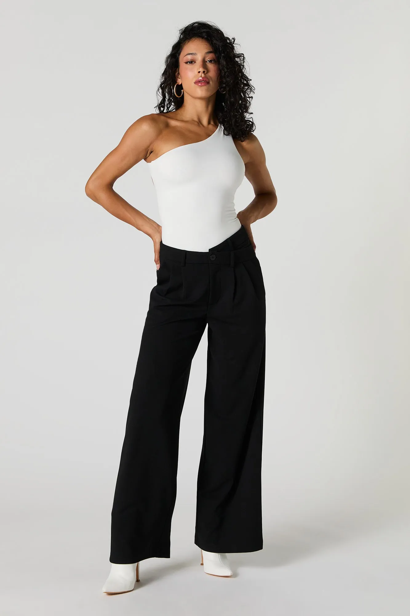 Asymmetrical V-Waist Wide Leg Dress Pant