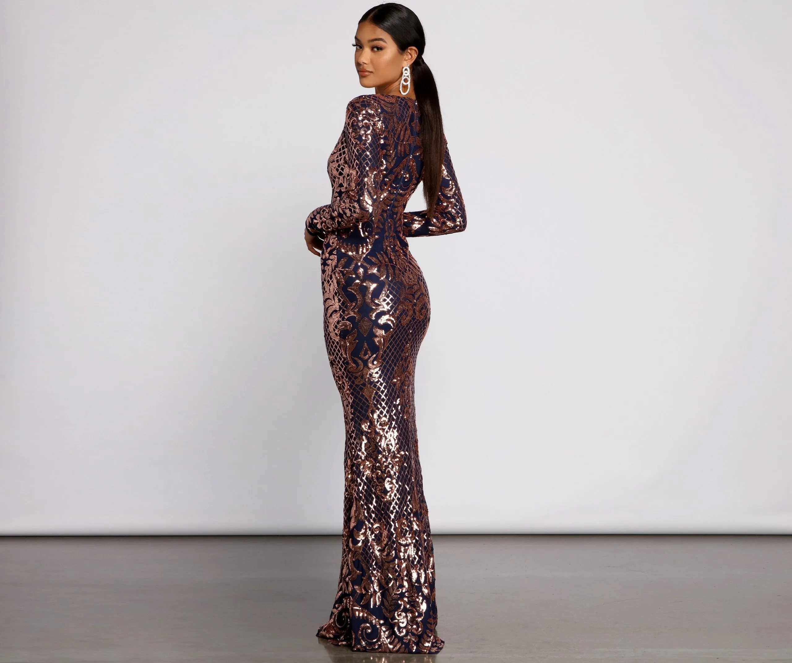 Ayla Formal Long Charming Sleeve Sequin Scroll Dress