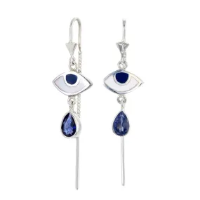 BEJEWELLED EYE PULL THROUGH EARRINGS IOLITE - SILVER