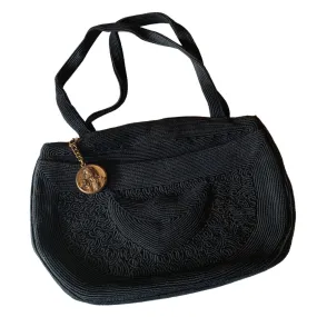 Black Double Handle Cordé Style Handbag with Nouveau Zipper Pull circa 1940s