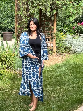 Blue Indigo Cotton robes for women, Summer cotton Kimono robe, Block print Summer beachwear, Birthday gift for girl friend, Gift for her