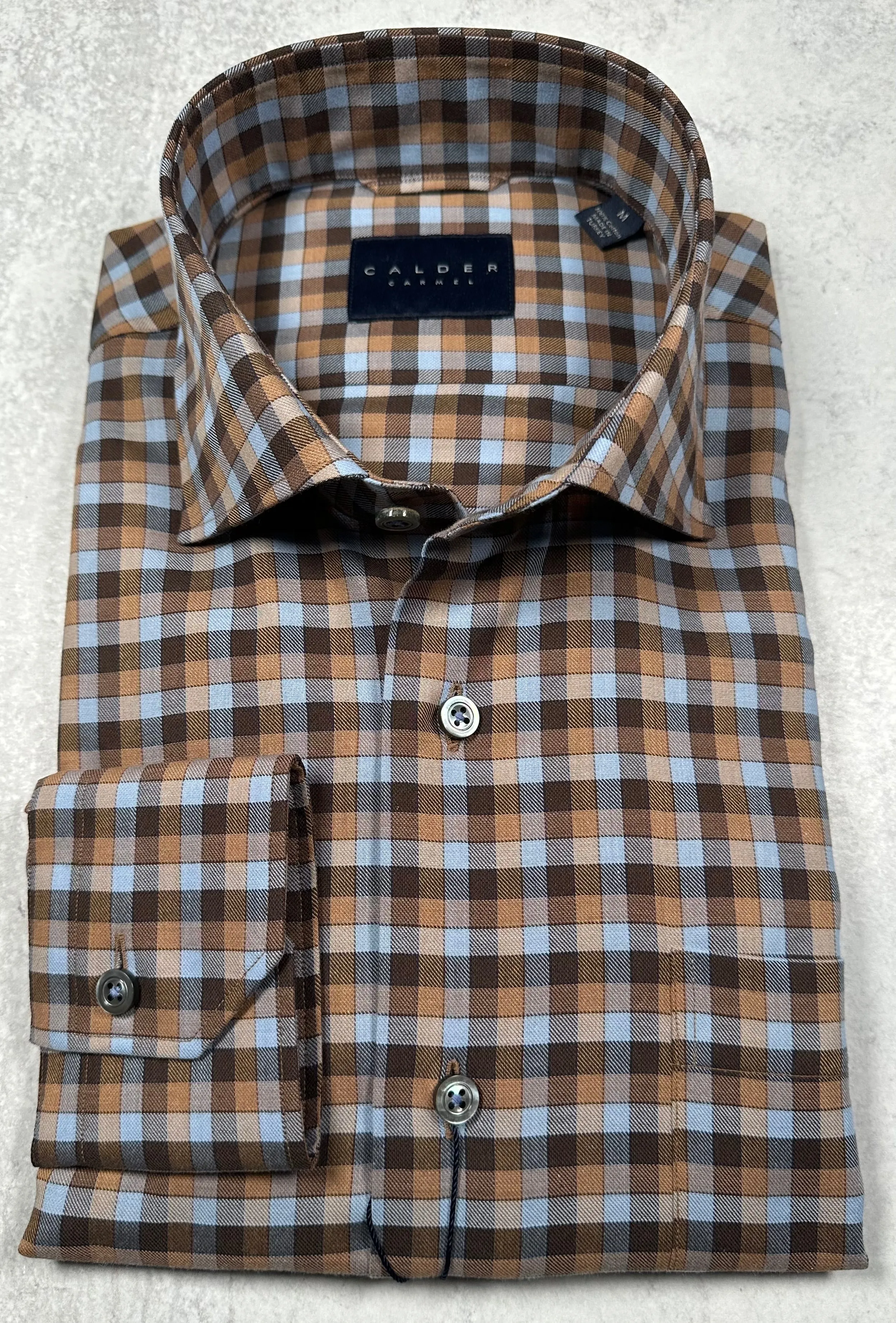 Calder Carmel Melange Twill Framed Multi Color Gingham Sport Shirt in Cocoa