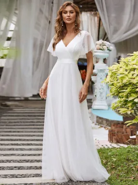 Custom Size Double V-Neck Floor-Length Short Sleeve Tulle Wedding Dress