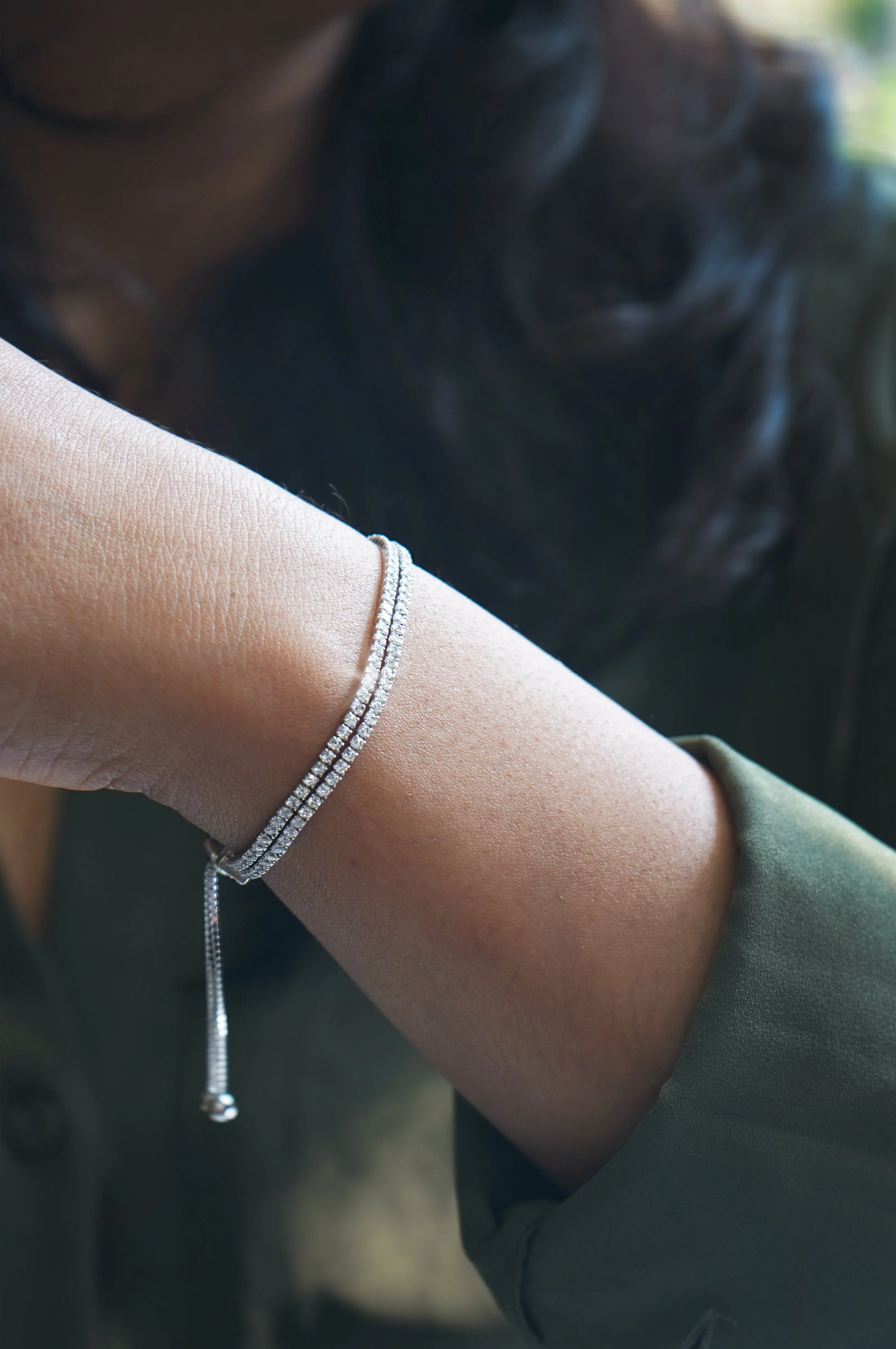 Double Layer Tennis Sterling Silver Pull Chain Bracelet