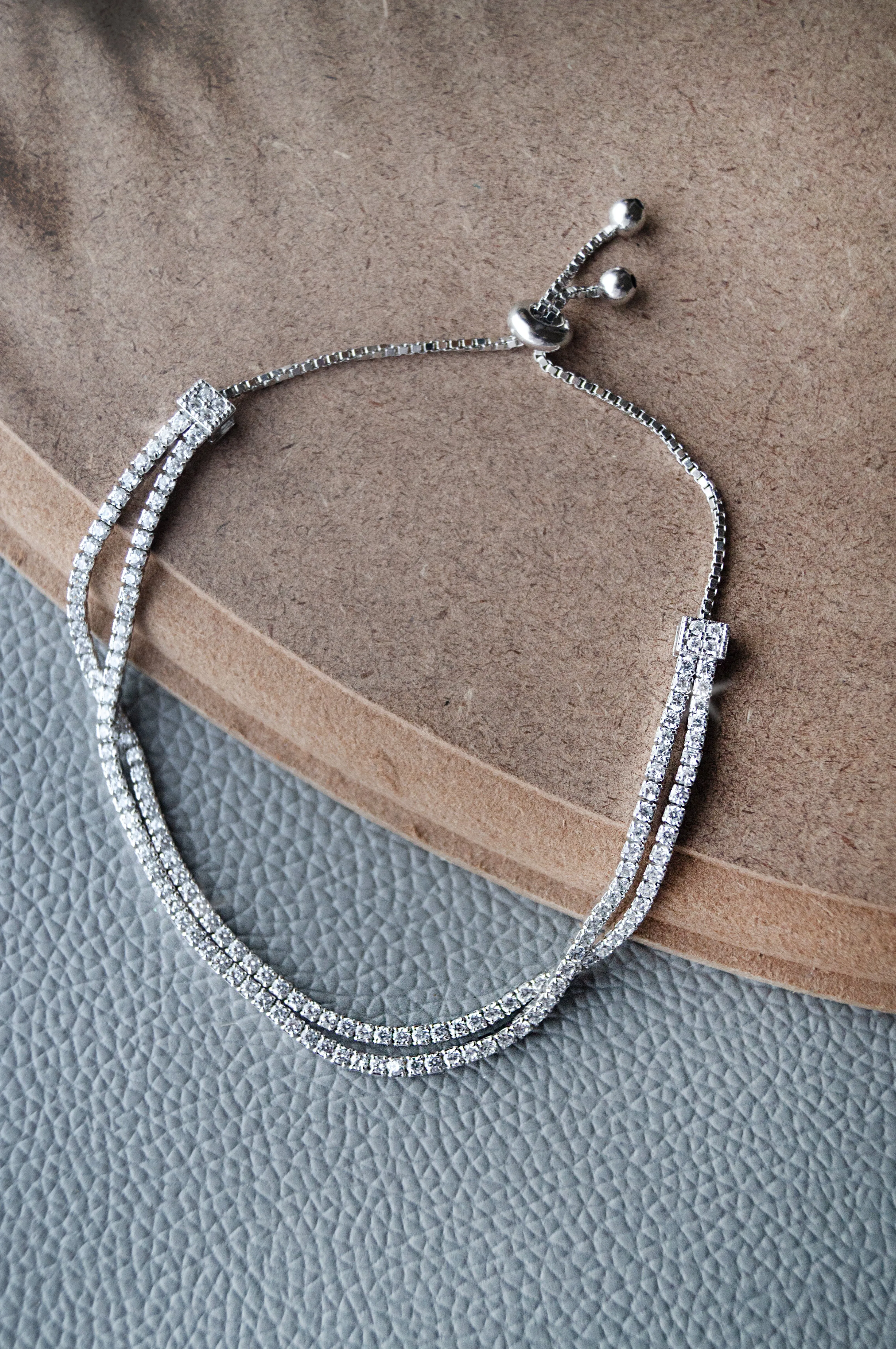 Double Layer Tennis Sterling Silver Pull Chain Bracelet