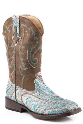 Girls Roper Swirly Turquoise Glitter Square Toe Boot