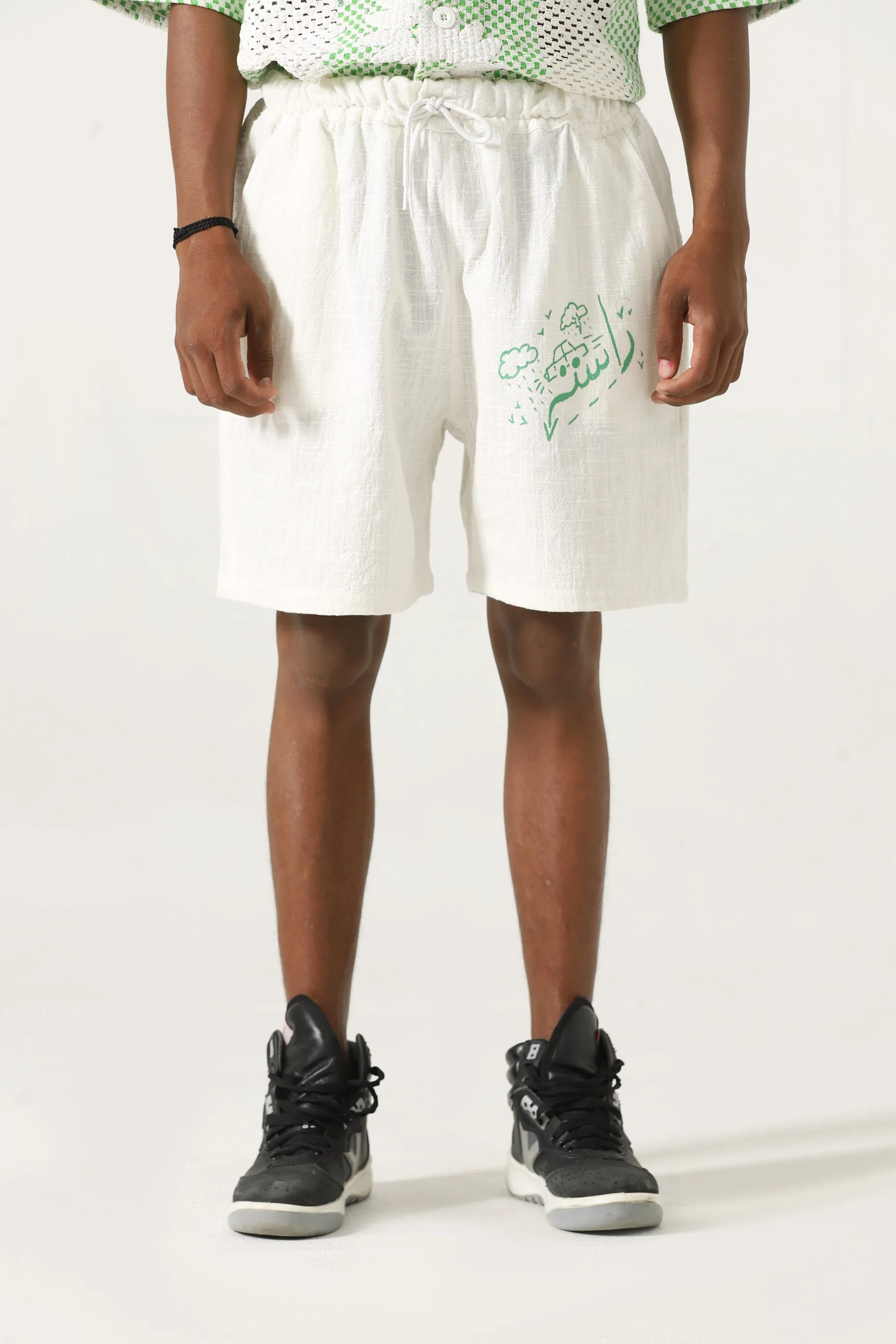 HAND WOVEN GREEN LOGO SHORTS