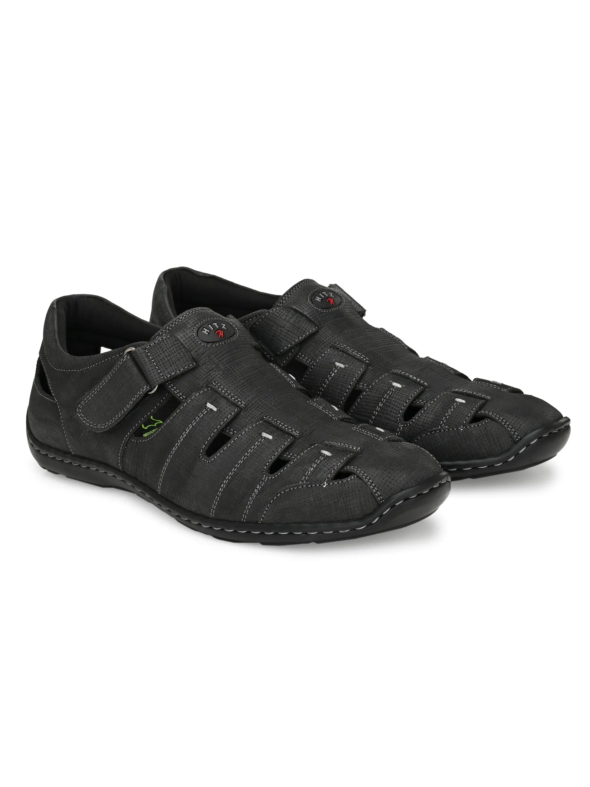 Hitz Men's Black Leather Shoe-Style Sandals