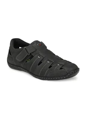 Hitz Men's Black Leather Shoe-Style Sandals