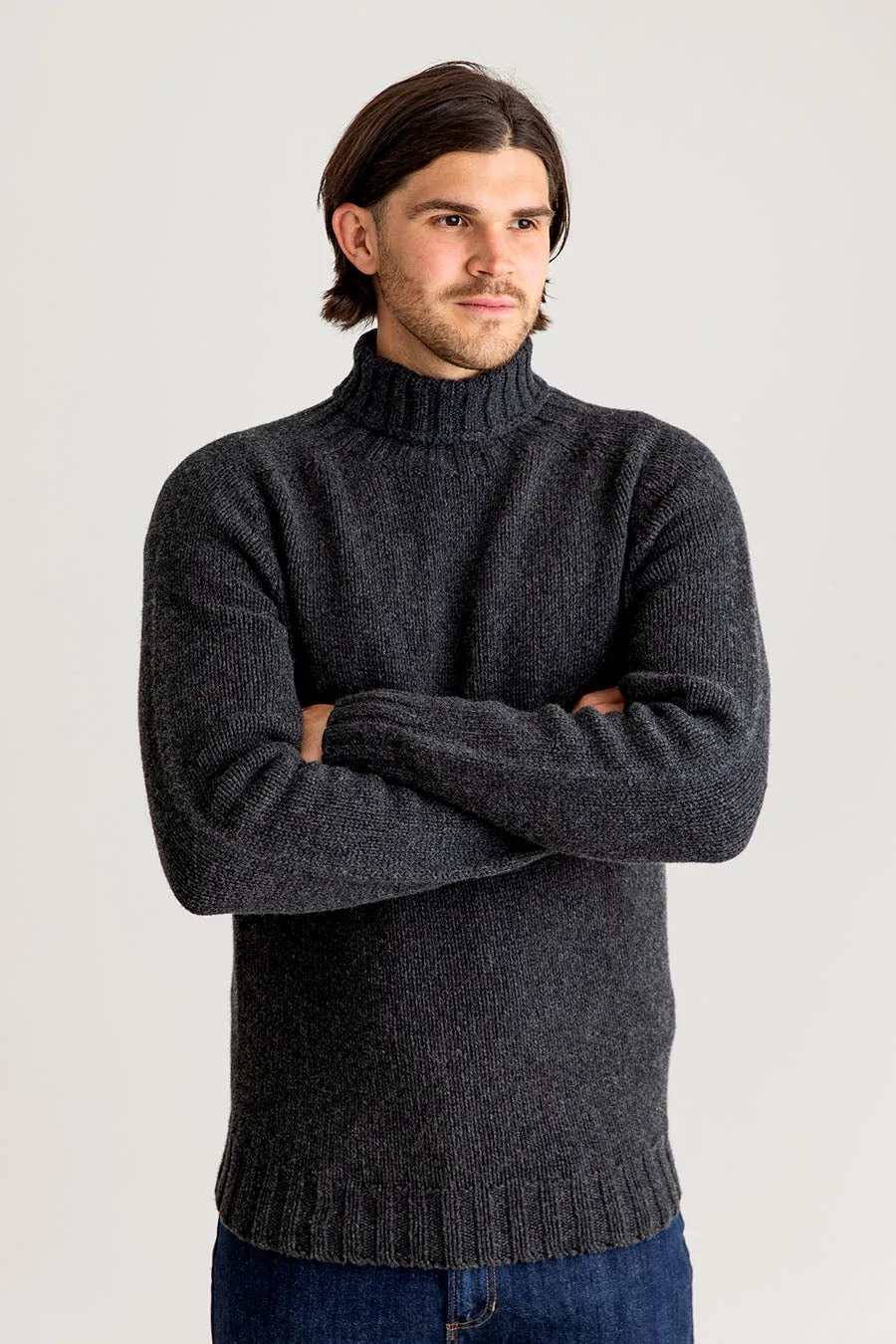 Mens Chunky Geelong Superfine Lambs wool Polo Neck Jumper - Charcoal