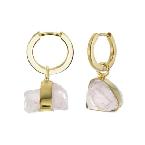 MINI ROUGH GEM HOOP EARRINGS - ROSE QUARTZ - GOLD