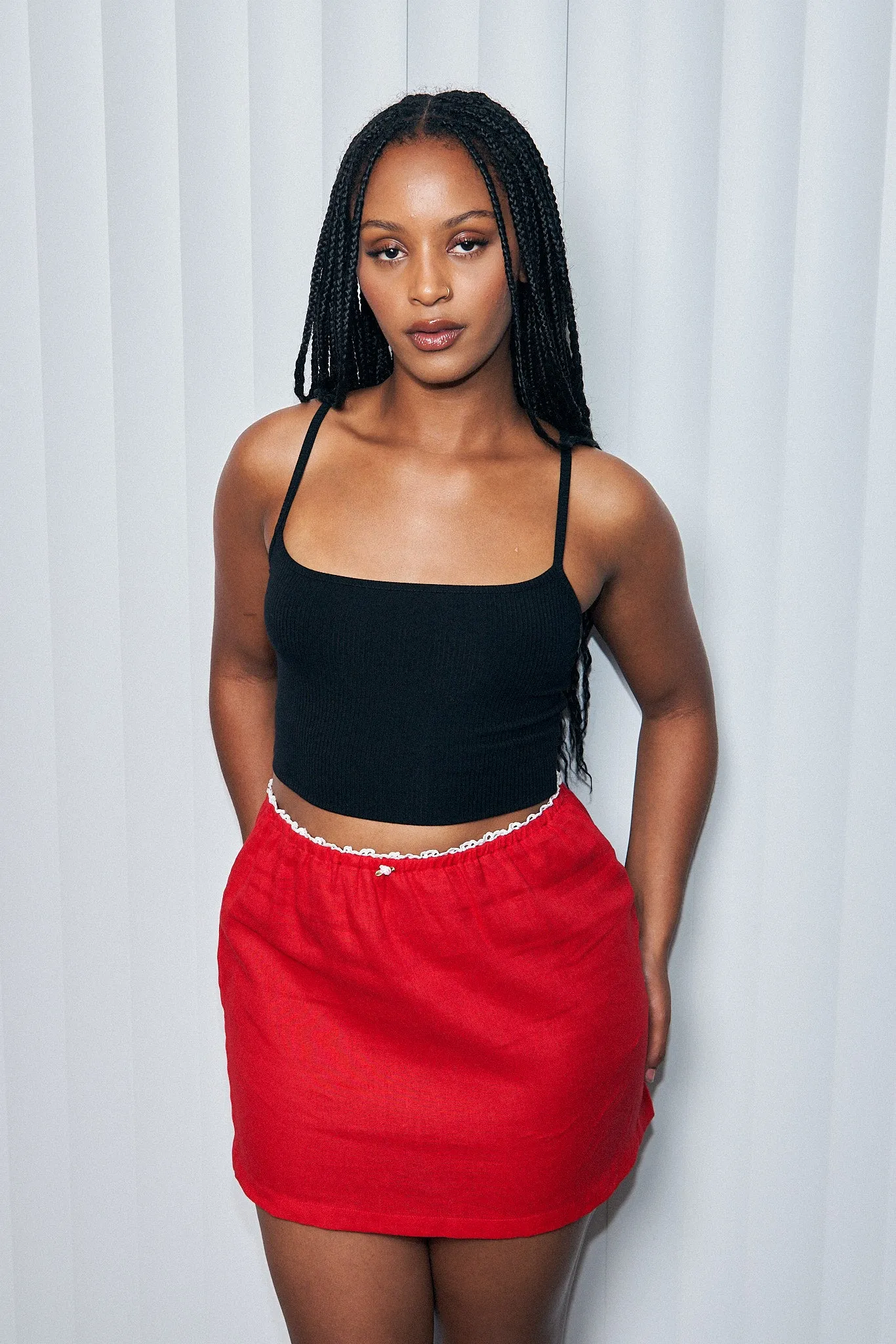 Red Linen Mini Slip Skirt