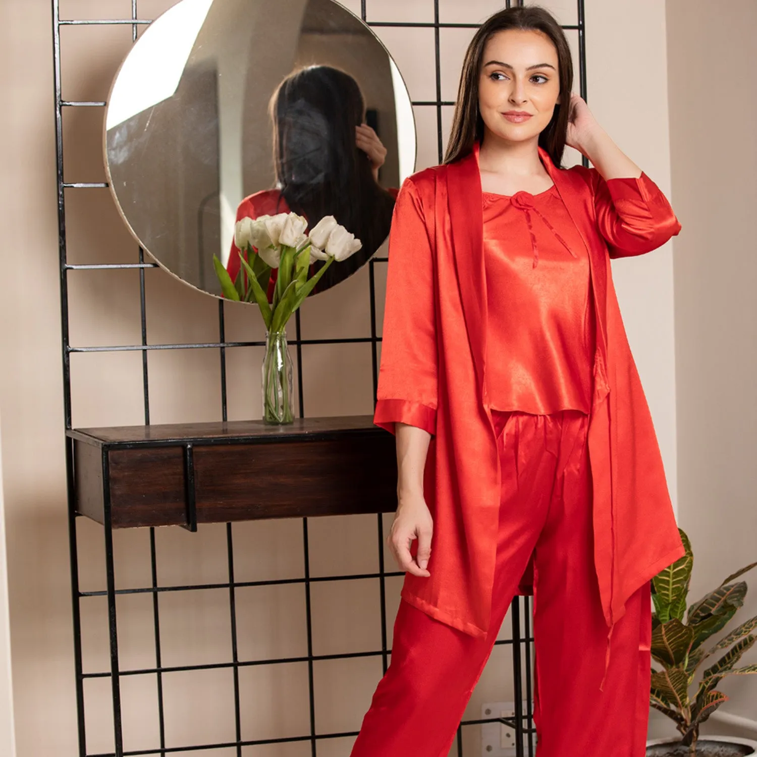 Red satin Night suit with Robe