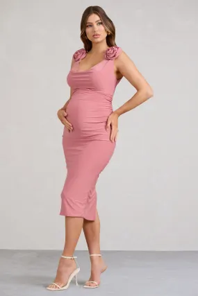 Rosy | Robe mi-longue de maternite rose col bénitié et corsage fleurit