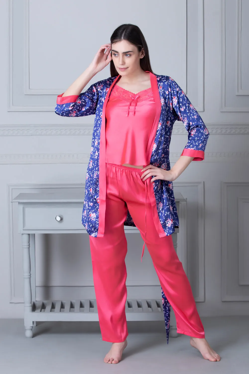 Satin Night suit with Floral Robe Blue