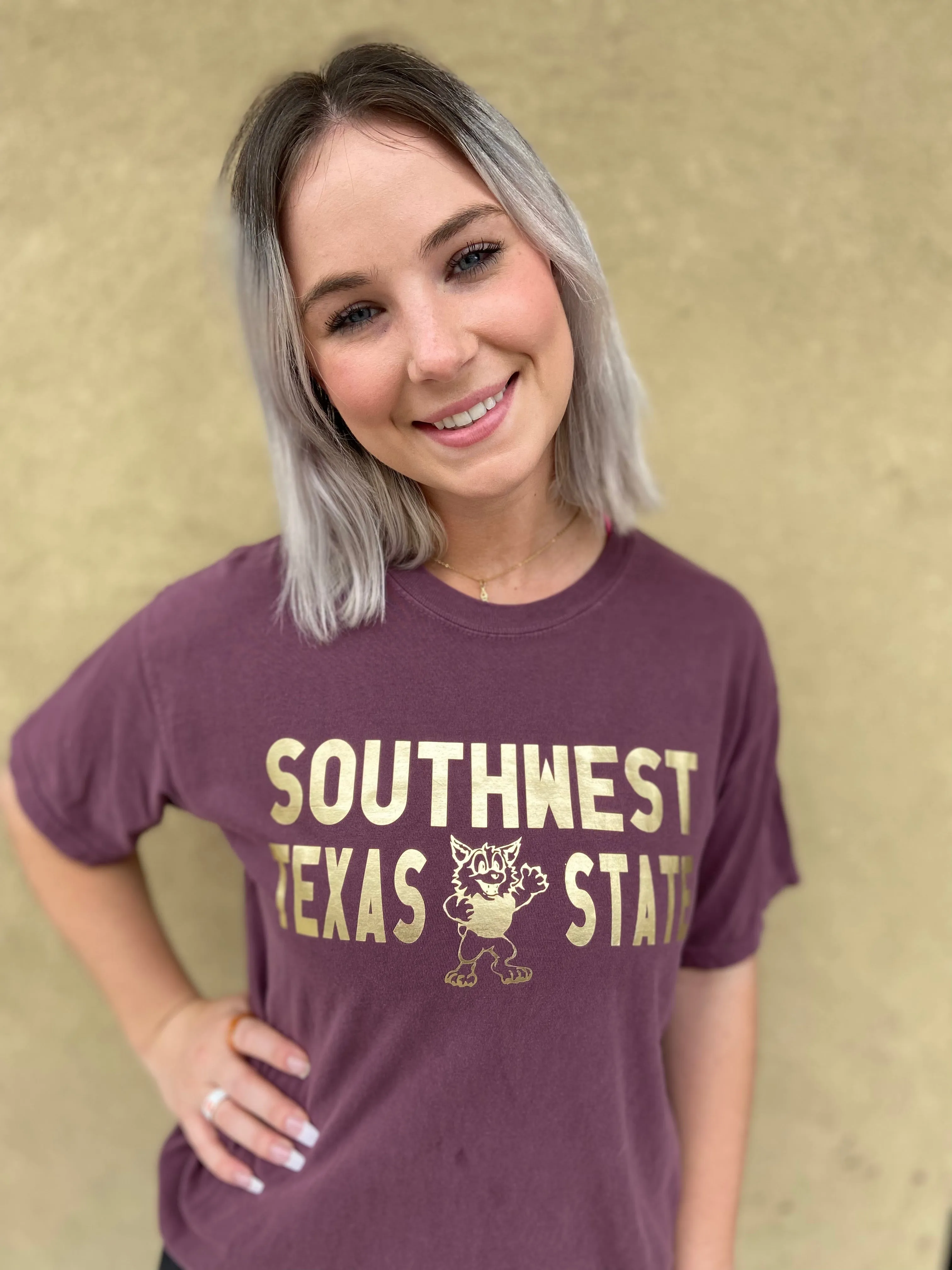 Southwest Texas State with BOCO in Metallic Gold on Maroon T-Shirt