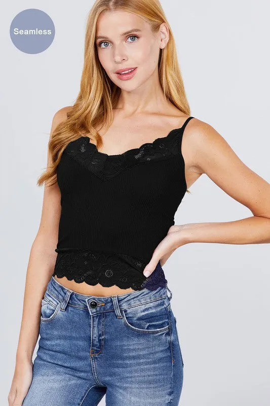 V-Neck w/ Lace Detail Rib Seamless Cami Top